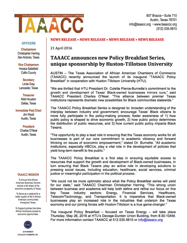 TAAACC announces new Policy Breakfast Series, unique sponsorship by Huston-Tillotson University